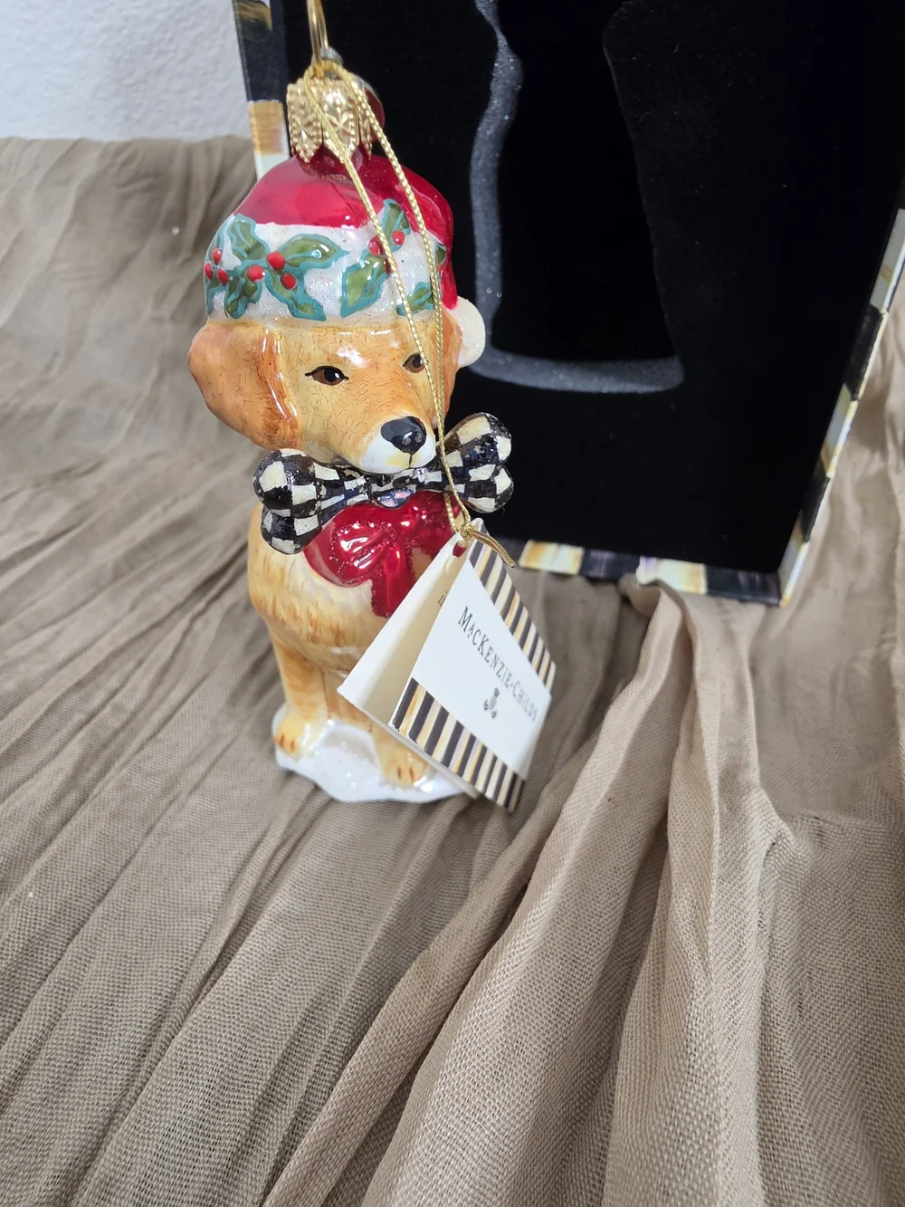 MacKenzie-Childs Golden Retriever Glass Christmas Ornament Courtly Check Boxed